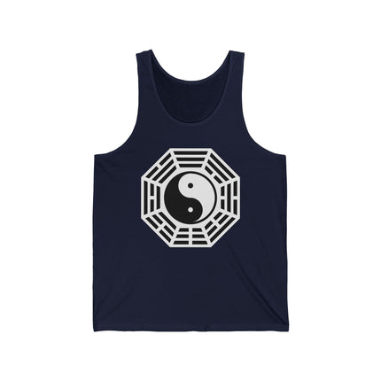 Navy tank top featuring the Yin Yang and Bagua harmony symbol, representing Taoist balance.