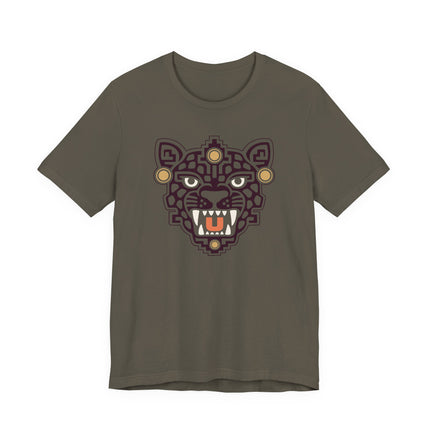Aztec Jaguar Mask T-Shirt | Teal Feline Face and Gold Details Tee