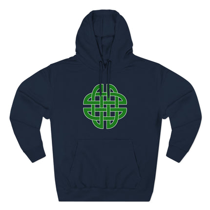 Dark blue hoodie featuring a vibrant green Celtic knot design.