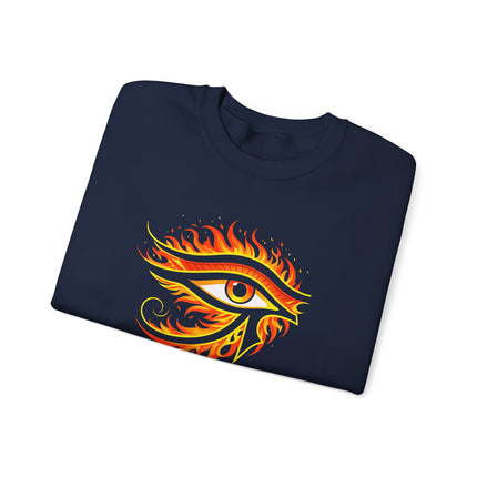 Eye of Ra ancient Egyptian symbol graphic on fire print pullover sweatshirt.