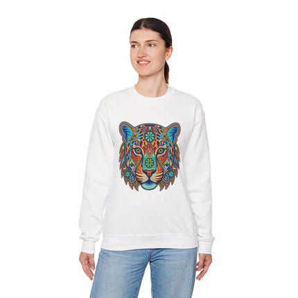 Colorful Huichol jaguar art print on a white unisex sweatshirt.