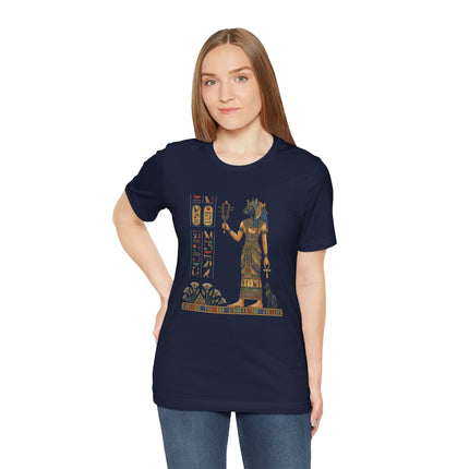 Bastet Egyptian goddess t-shirt graphic featuring hieroglyphs and ancient Egyptian mythology art.