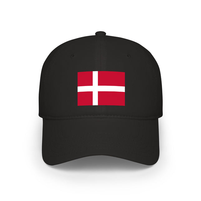 Black baseball cap featuring the Danish flag. Nordic style national pride accessory for Denmark lovers.