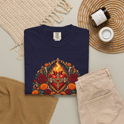 Vida y Muerte T-Shirt | Flaming Heart, Skull and Floral Artwork