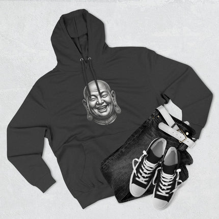Black hoodie featuring a Laughing Buddha Hotei graphic, symbolizing good fortune and zen.
