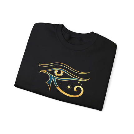 Stylized Eye of Horus symbol in gold and blue on a black background.