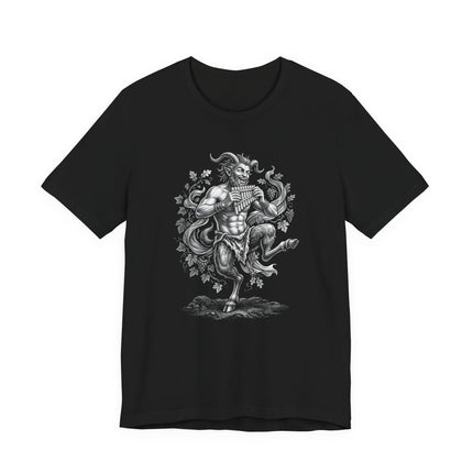Pan faun satyr graphic tee featuring a mythological figure playing a flute.