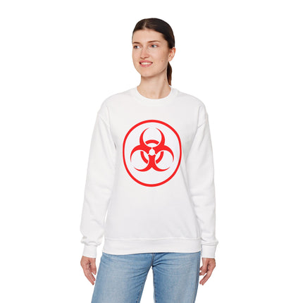 White sweatshirt featuring a red biohazard warning symbol graphic. Unisex pullover apparel.