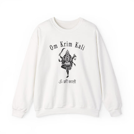 Goddess Kali Om Krim mantra print on spiritual pullover sweatshirt design.
