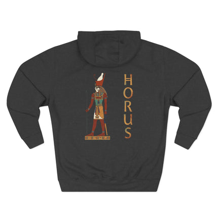 Horus Egyptian god graphic on a hoodie back. Features ancient Egyptian mythology art and the name "HORUS.