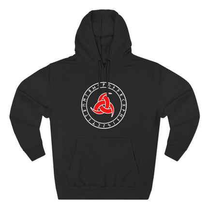 Norse runes and Odin's horns graphic on a black Viking hoodie.