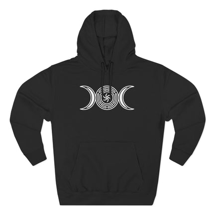 Black hoodie featuring the Triple Moon Goddess symbol for pagan and witchy apparel.