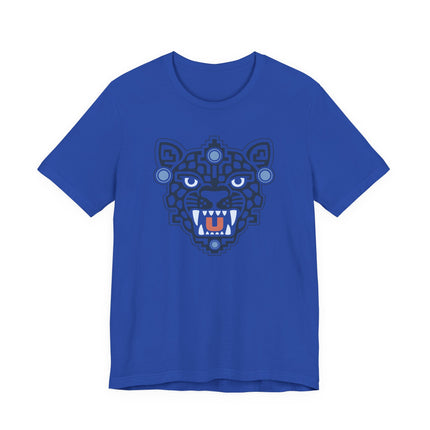 Aztec Jaguar Mask T-Shirt | Teal Feline Face and Gold Details Tee