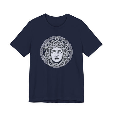 Medusa Gorgon head graphic tee with snakes and Greek key design.