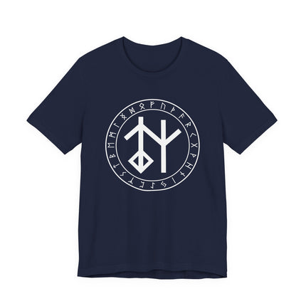 Norse bind rune and Futhark runes graphic tee featuring Viking mythology and spiritual symbols.