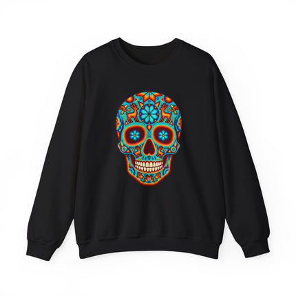 Vibrant Mexican Huichol folk art skull graphic on a black pullover sweatshirt.