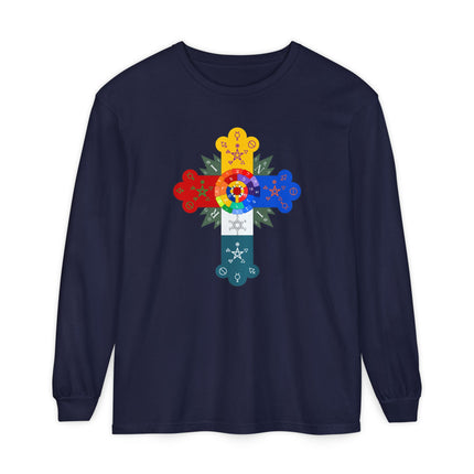 Rosy Cross Long Sleeve T-Shirt | Multicolor Esoteric Symbol Graphic Tee