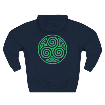 Green Celtic triskelion triple spiral symbol design on a dark hoodie.