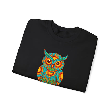 Vibrant Huichol owl and desert cactus folk art design pullover sweatshirt.