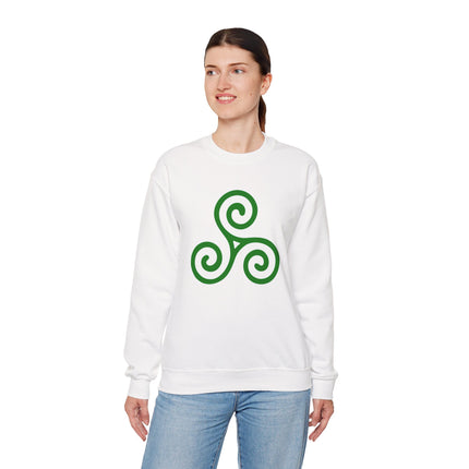 Celtic Triskelion spiral design on a white unisex sweatshirt.