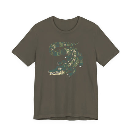 Mayan Crocodile T-Shirt | Curled Reptile with Geometric Patterns Tee