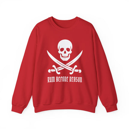 Red sweatshirt with pirate skull and crossed sabers graphic, featuring "Rum Before Reason" text.