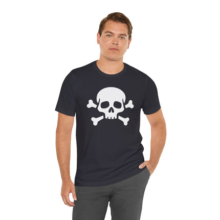 Skull and crossbones graphic tee on a dark t-shirt. Bold pirate-style skull apparel.