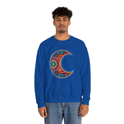 Huichol style crescent moon sweatshirt featuring a vibrant, colorful mandala art print.