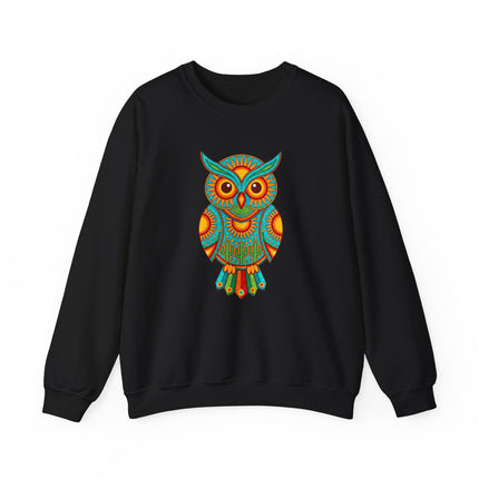Vibrant Huichol owl graphic on black sweatshirt, featuring Mexican folk art and desert motifs.