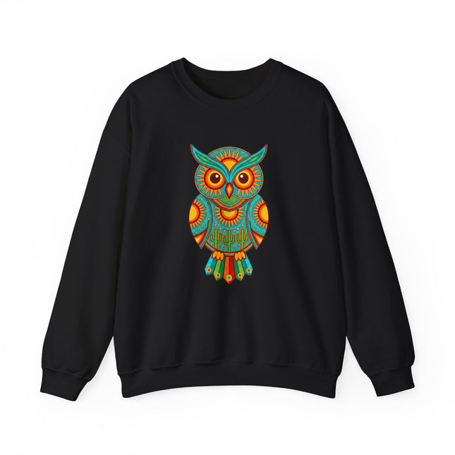 Vibrant Huichol owl graphic on black sweatshirt, featuring Mexican folk art and desert motifs.