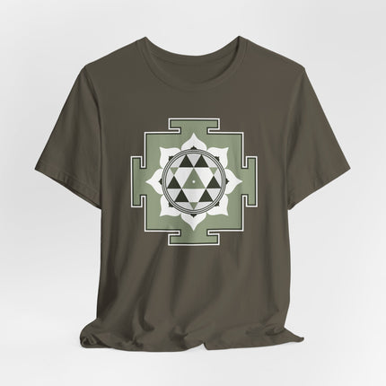 Durga Yantra sacred geometry mandala print on a unisex t-shirt. Hindu goddess symbol.