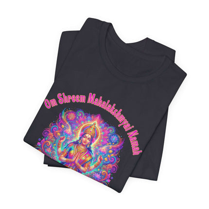 Vibrant Om Shreem Mahalakshmi goddess art on a black spiritual t-shirt.