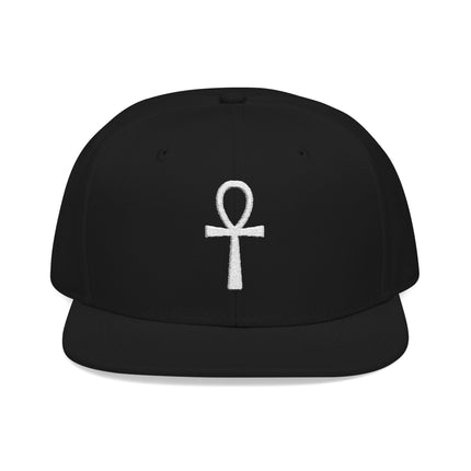 Black snapback hat with white embroidered Ankh symbol, the Egyptian key of life.