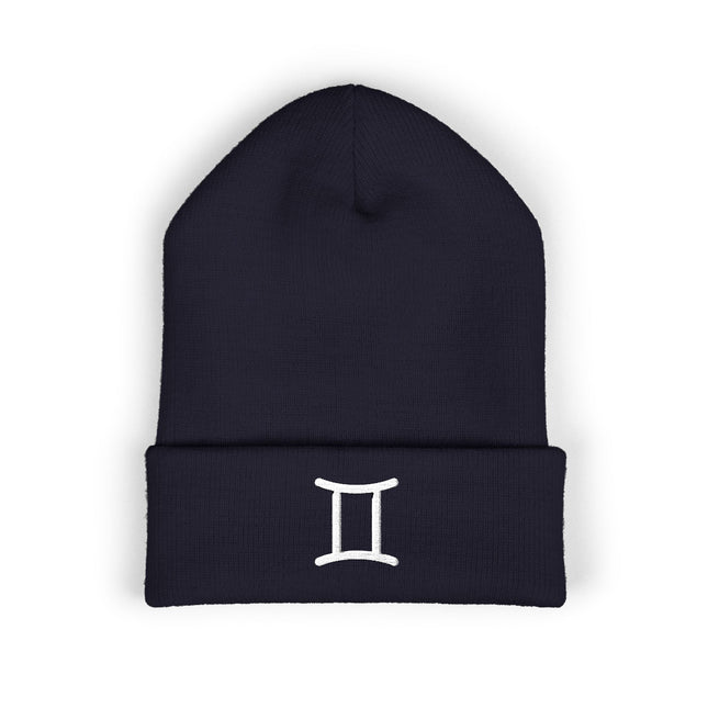 Gemini Symbol Embroidered Cuffed Beanie with White Twin-Pillar Zodiac Glyph