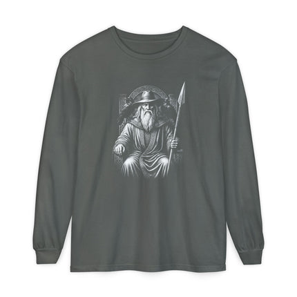 Odin Long Sleeve T-Shirt | Seated Norse God with Spear and Ravens Tee