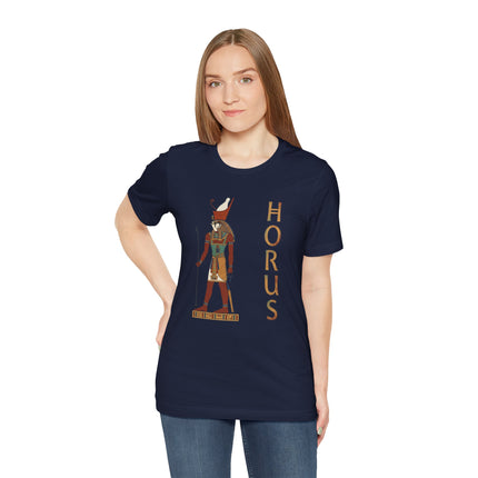 Horus Egyptian god graphic t-shirt featuring a falcon design and the name "HORUS.