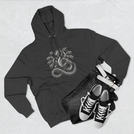 Multi-headed Hydra serpent graphic on a black unisex mythology hoodie.