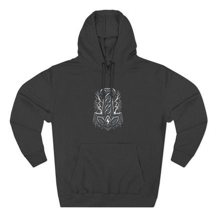 Norse Mjolnir and lightning graphic design for Viking mythology hoodie.