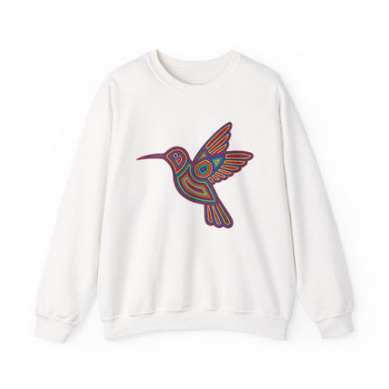 Vibrant Huichol-style geometric hummingbird art on a white pullover sweatshirt.