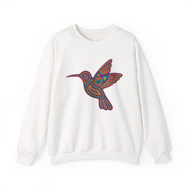 Vibrant Huichol-style geometric hummingbird art on a white pullover sweatshirt.