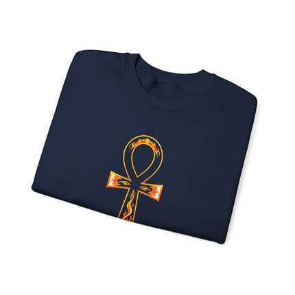 Ancient Egyptian flaming Ankh symbol graphic printed on a comfortable pullover sweatshirt.