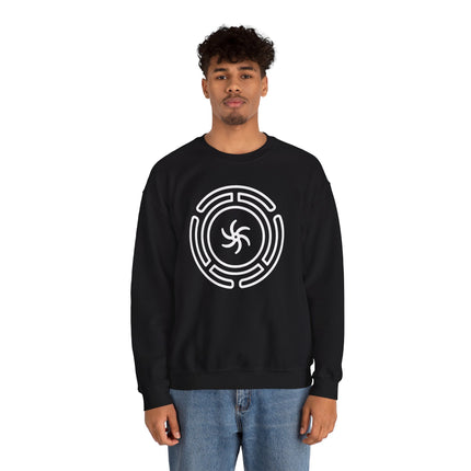 Black sweatshirt featuring the Hekate Wheel symbol, pagan goddess mythology streetwear apparel.