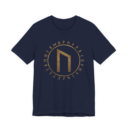 Navy t-shirt featuring the Uruz rune and Elder Futhark symbols in gold Norse style.