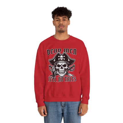 Pirate skull graphic sweatshirt featuring "Dead Men Tell No Tales" text.