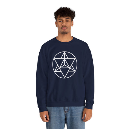 Merkaba sacred geometry symbol graphic on a navy blue unisex sweatshirt.