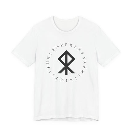 Norse rune t-shirt featuring the Elder Futhark alphabet and protective symbols.