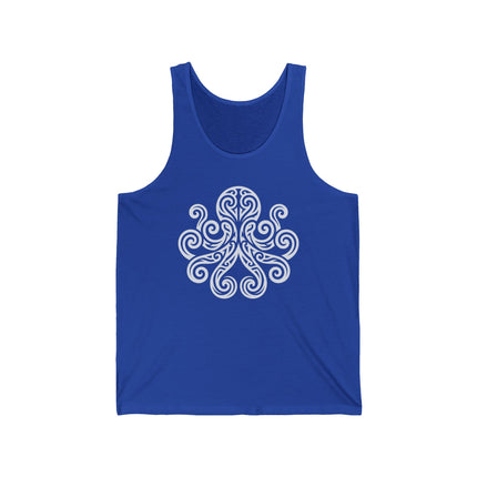 Tribal octopus kraken graphic design featuring celtic knot swirls on a blue tank top.