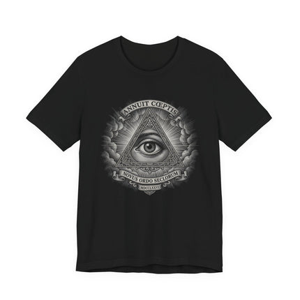 Black t-shirt featuring the Eye of Providence and All-Seeing Eye symbol with Masonic text.