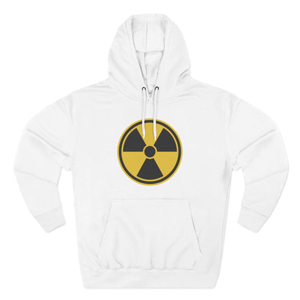 White hoodie featuring a yellow and black radioactive hazard symbol graphic print.