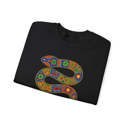 Vibrant geometric serpent art inspired by Huichol culture printed on a pullover sweatshirt.